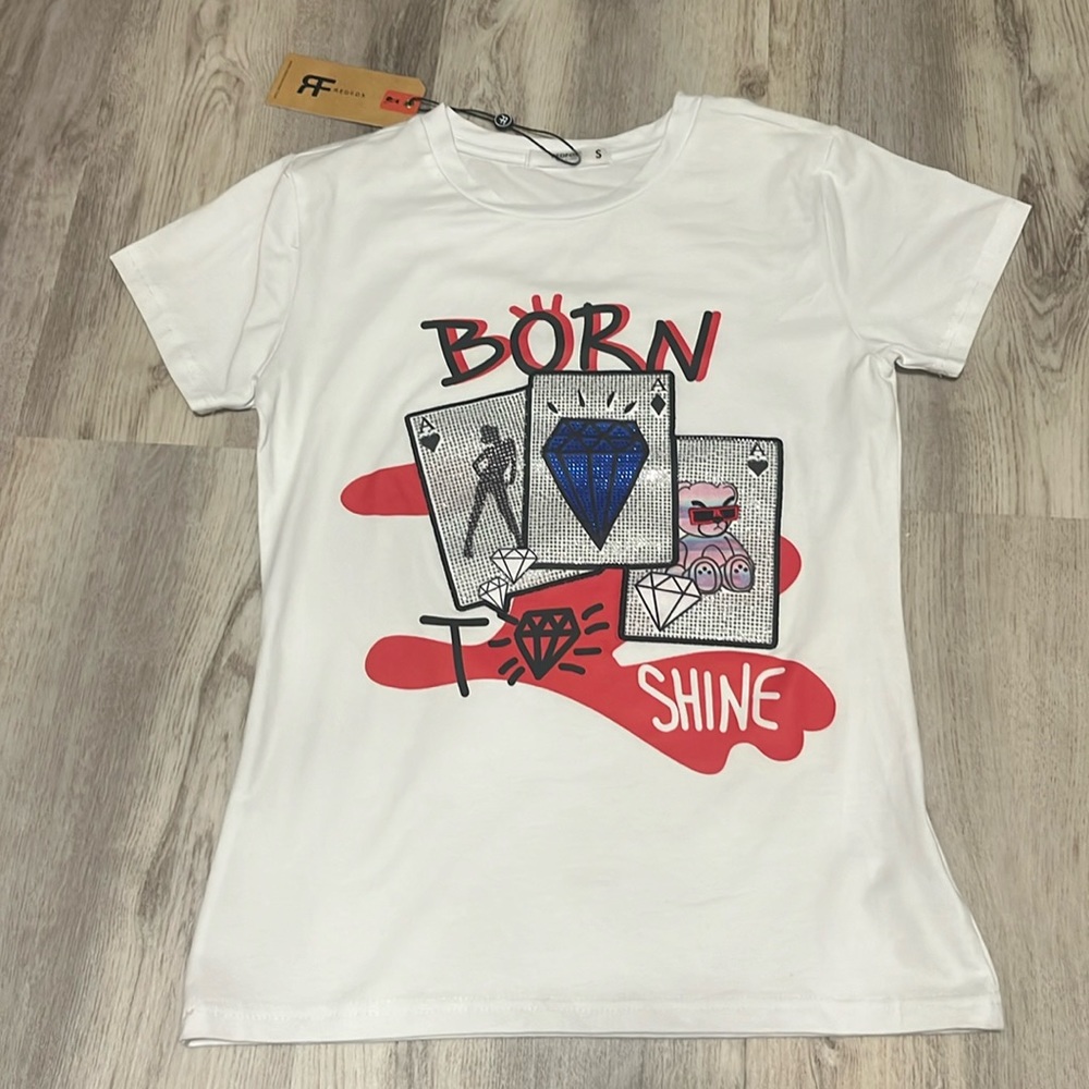 NWT REDFOX Born To Shine Gambling Bling Glitter Cards Vegas Fitted Tee Small